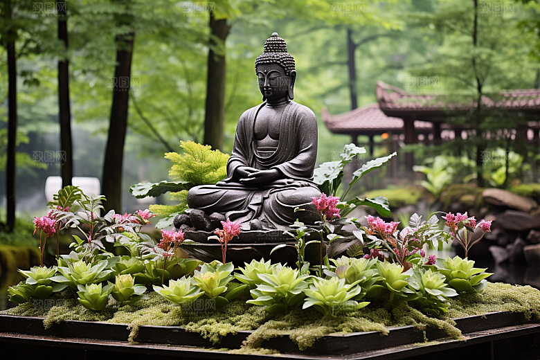 禅意佛像高山流水信仰素材