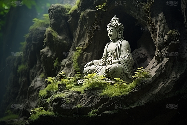 禅意佛像高山流水石雕素材