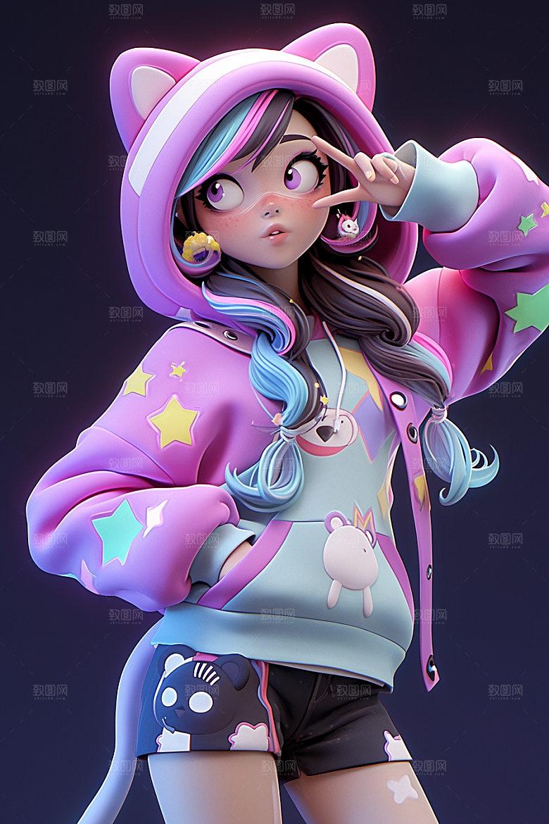 潮流玩偶炫彩3D模型