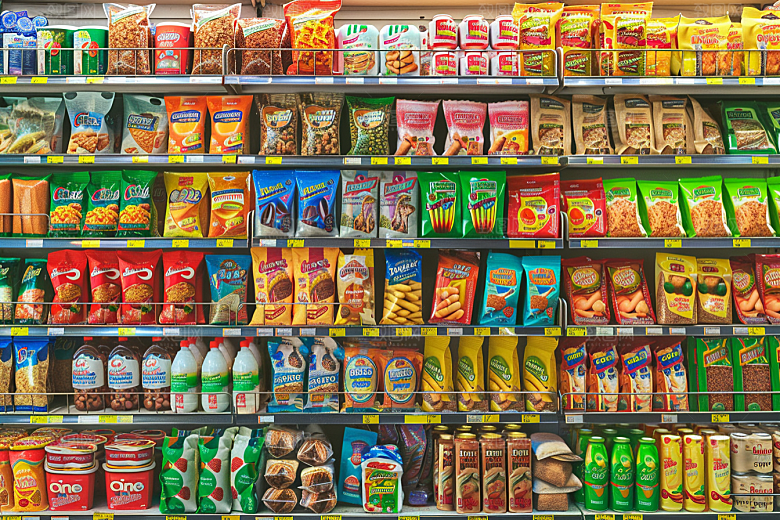超市货架食品商品摄影图