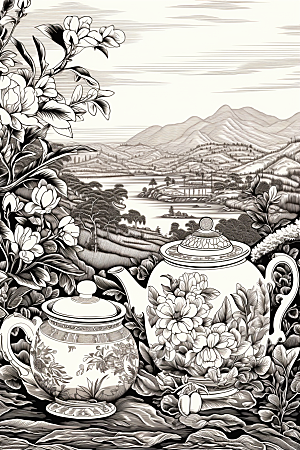 茶园雕刻线条铜版画