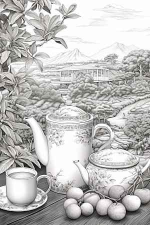 茶园黑白中国风铜版画