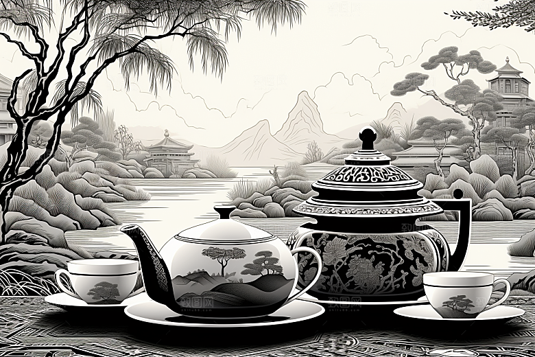 茶园线条水墨铜版画