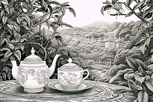 茶园写实国画铜版画
