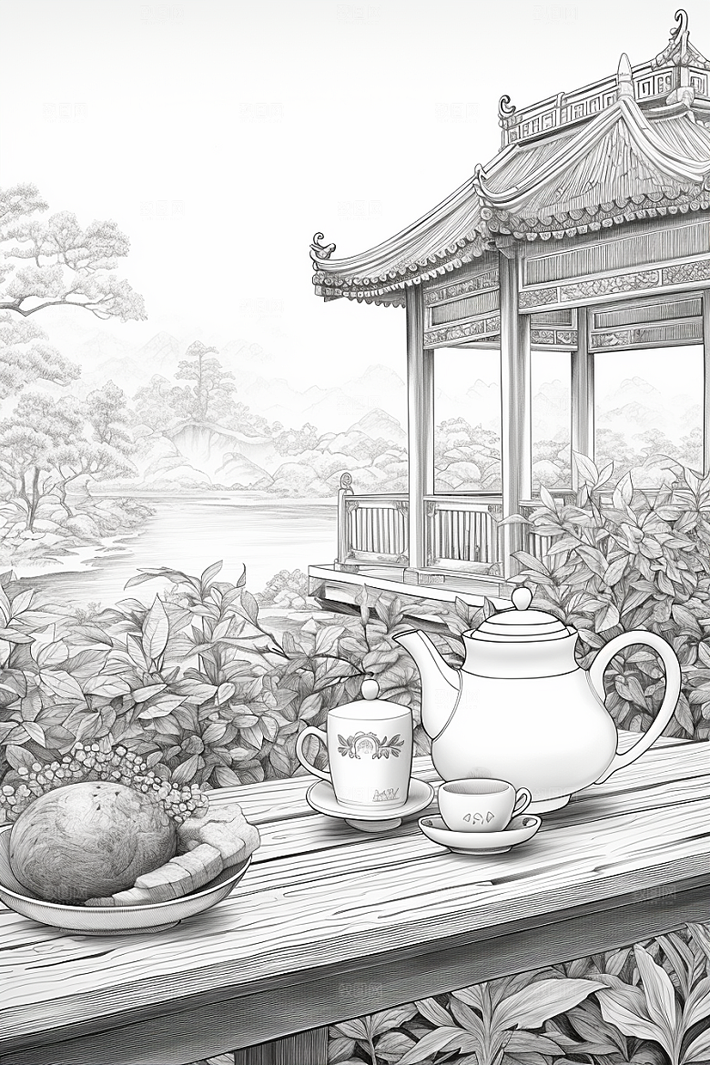 茶园国画黑白铜版画