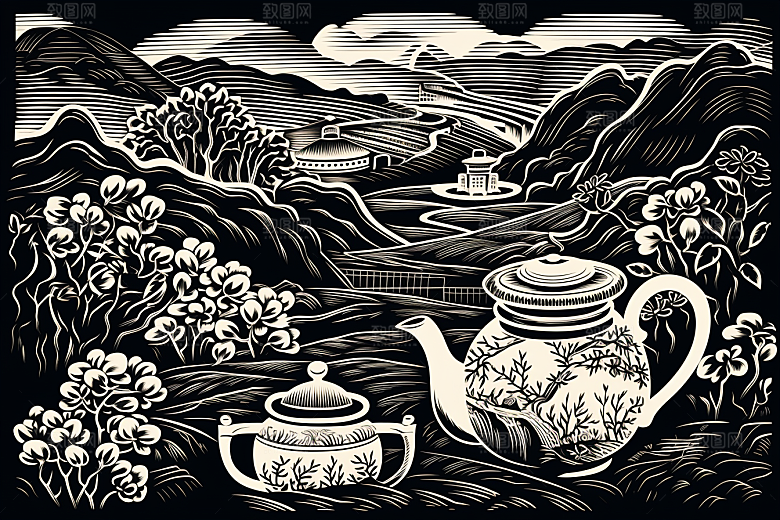 茶园传统写实铜版画