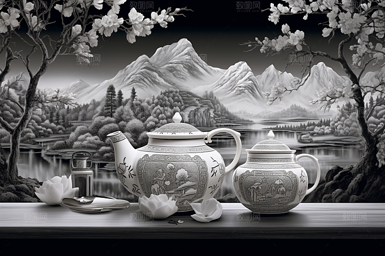 茶园写实黑白铜版画