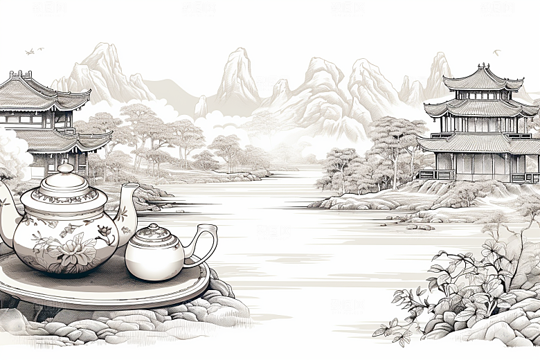 茶园水墨线条铜版画
