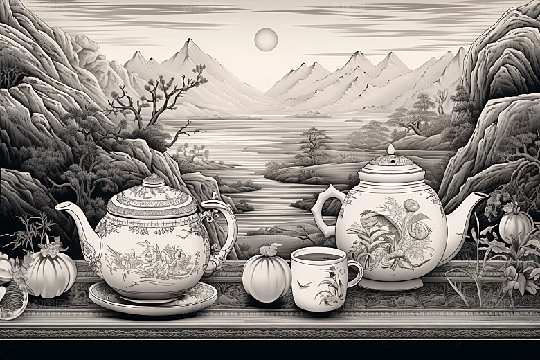 茶园雕刻国画铜版画