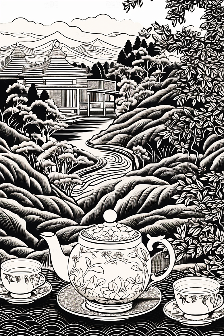 茶园线条中国风铜版画