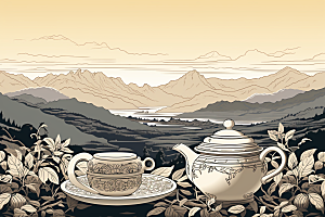 茶园国画中国风铜版画