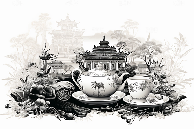 茶园国画黑白铜版画