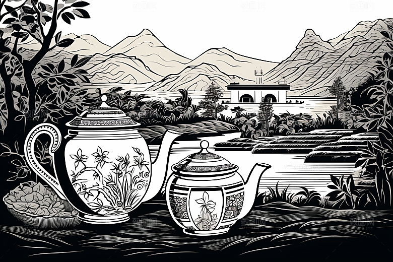 茶园黑白传统铜版画