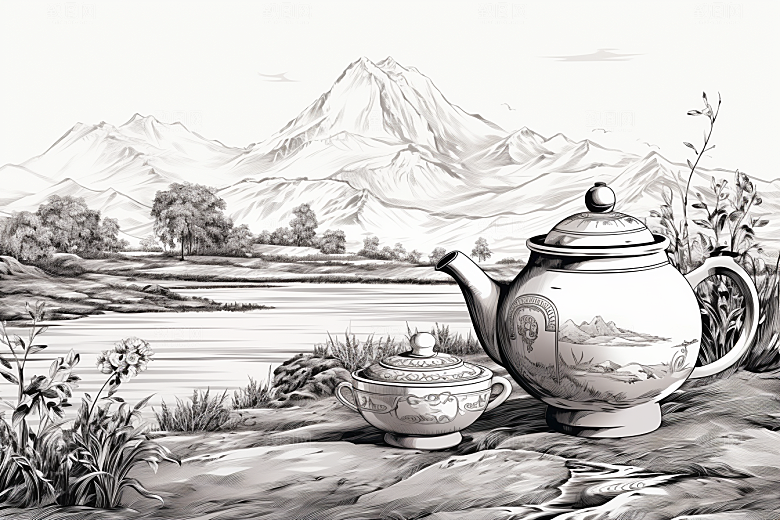 茶园水墨雕刻铜版画