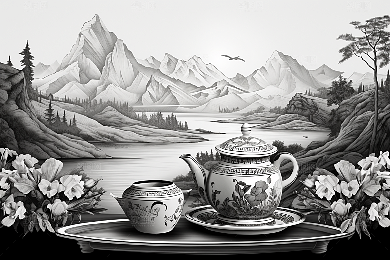 茶园雕刻黑白铜版画