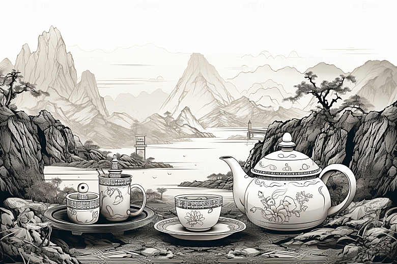 茶园水墨雕刻铜版画