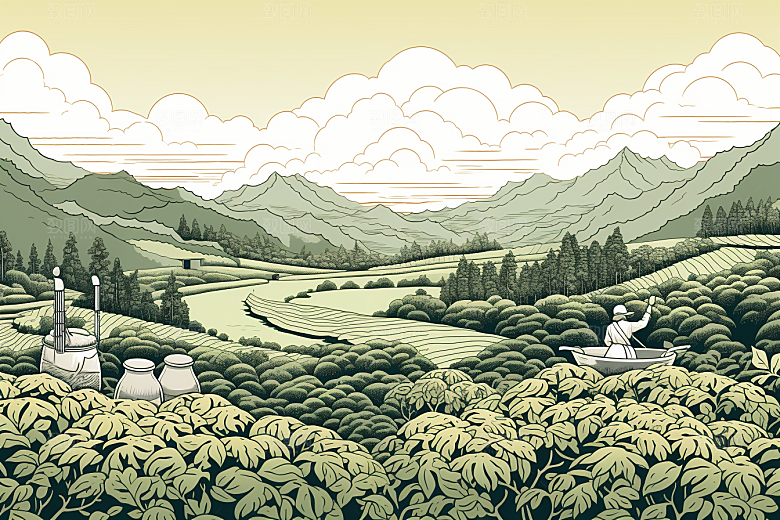 茶园水墨中国风铜版画