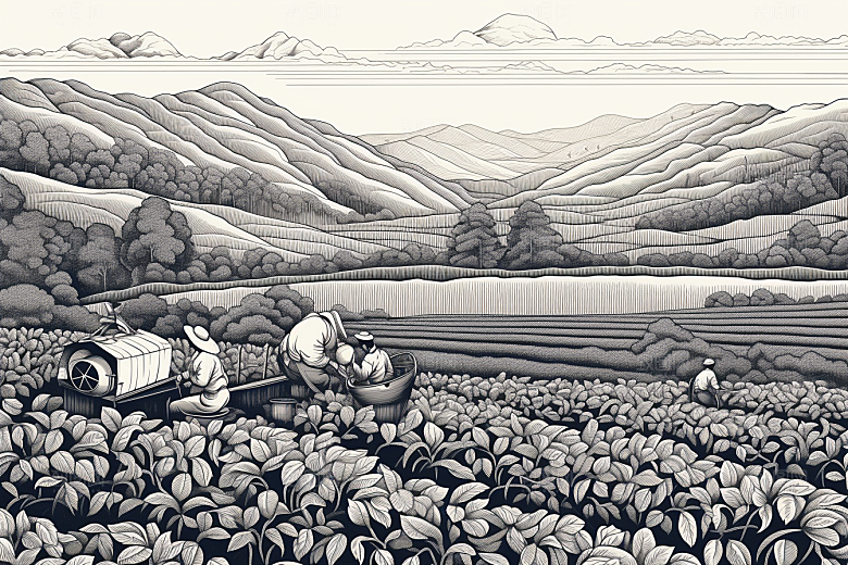 茶园中国风黑白铜版画