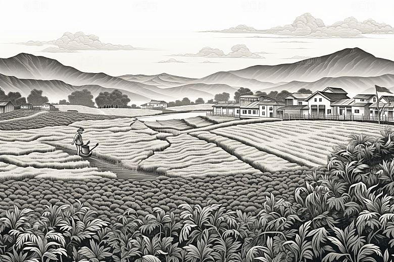 茶园线条黑白铜版画