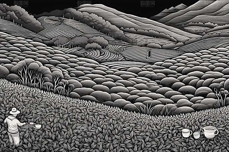 茶园线条传统铜版画