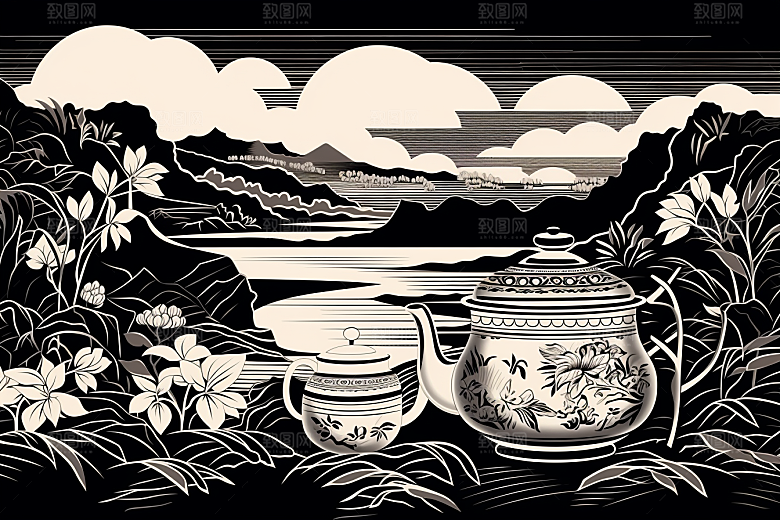 茶园写实中国风铜版画