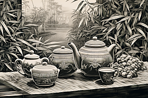 茶园写实黑白铜版画