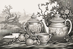 茶园传统写实铜版画