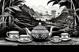 茶园线条中国风铜版画