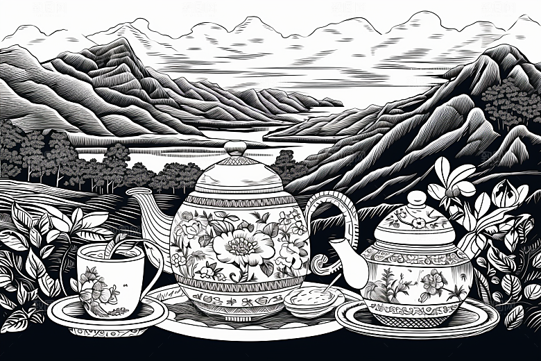 茶园水墨黑白铜版画