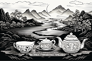 茶园黑白水墨铜版画