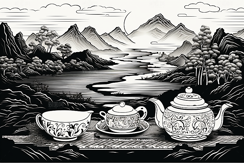 茶园黑白水墨铜版画