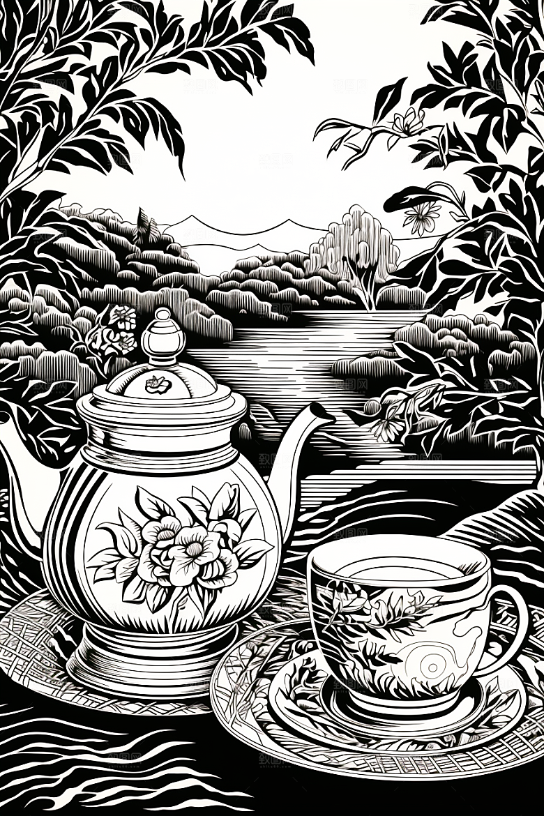 茶园写实中国风铜版画