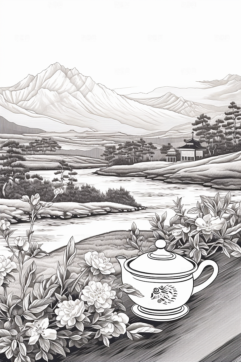 茶园水墨中国风铜版画