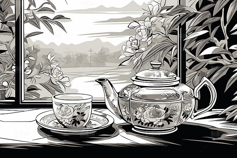 茶园水墨雕刻铜版画