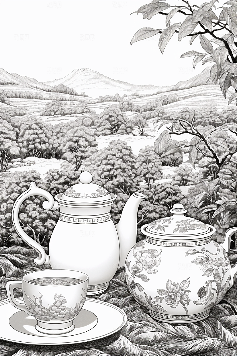 茶园写实国画铜版画
