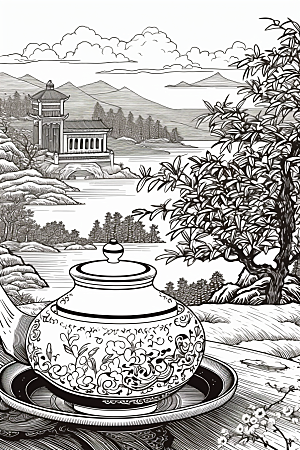 茶园水墨传统铜版画
