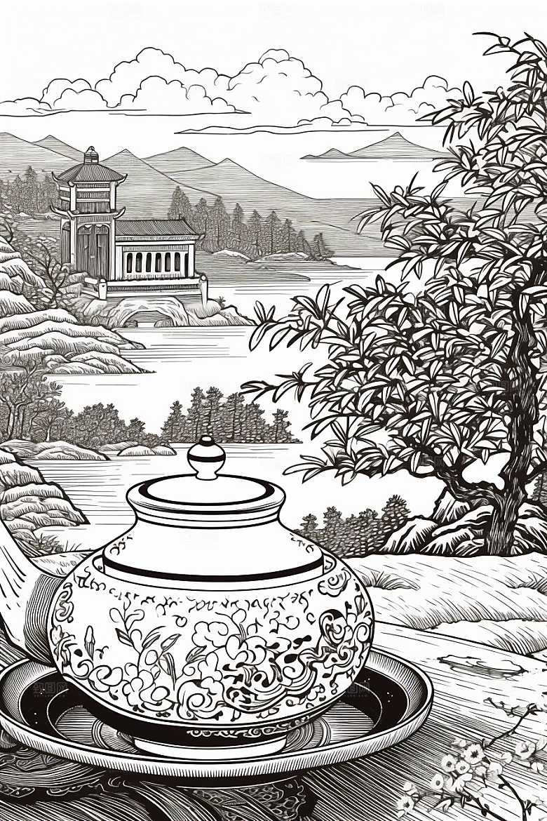 茶园水墨传统铜版画