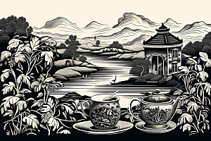 茶园雕刻中国风铜版画