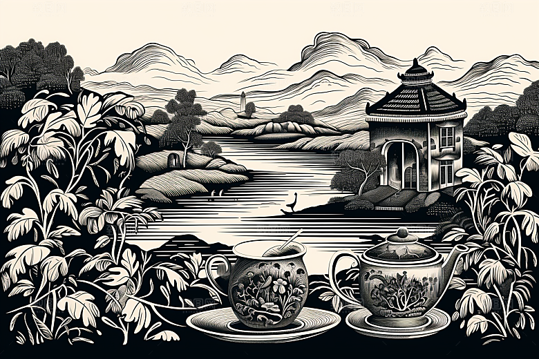 茶园雕刻中国风铜版画