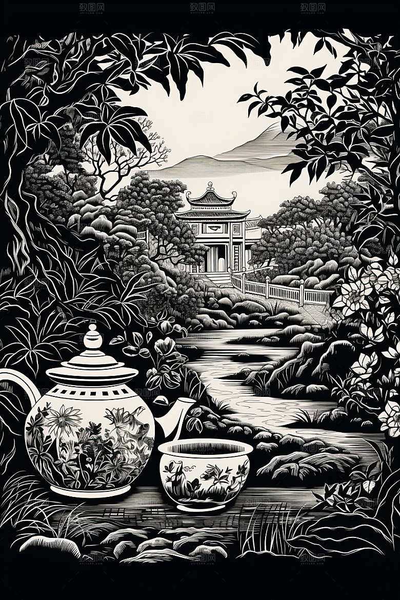 茶园传统写实铜版画