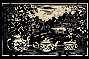 茶园写实中国风铜版画