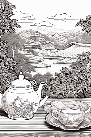 茶园水墨线条铜版画