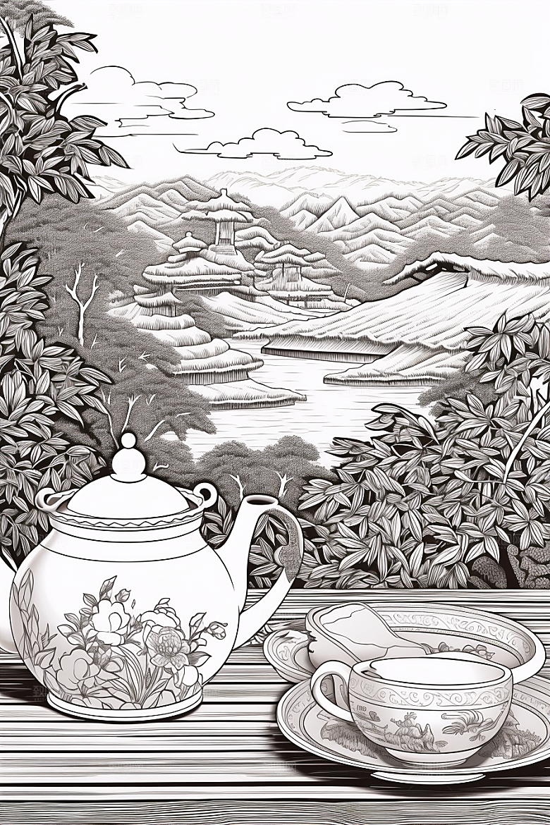 茶园水墨线条铜版画