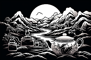 茶园中国风写实铜版画