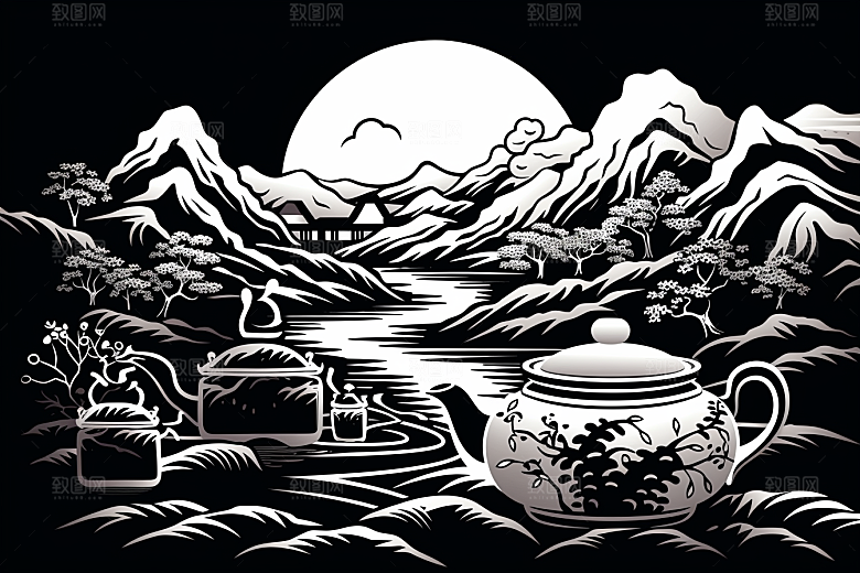 茶园中国风写实铜版画