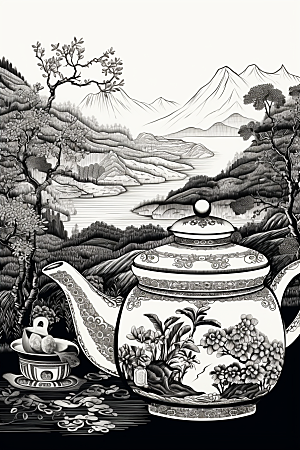 茶园雕刻黑白铜版画