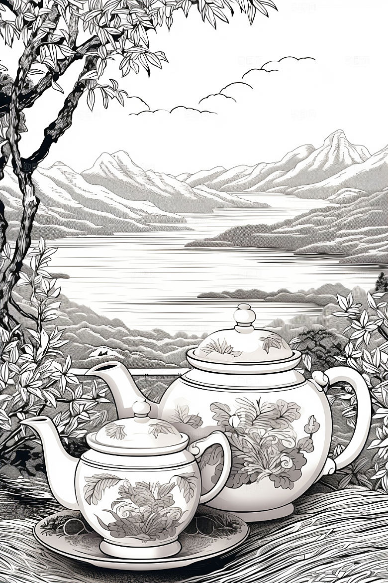 茶园线条传统铜版画