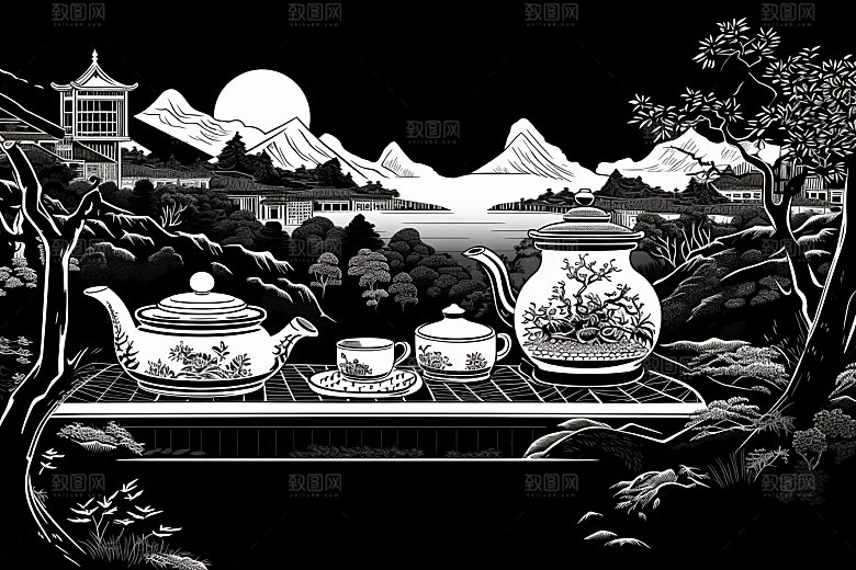 茶园水墨传统铜版画