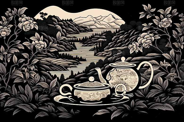 茶园中国风水墨铜版画
