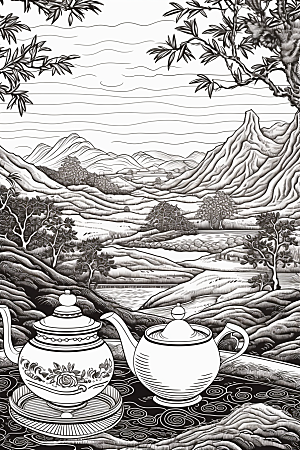 茶园中国风传统铜版画